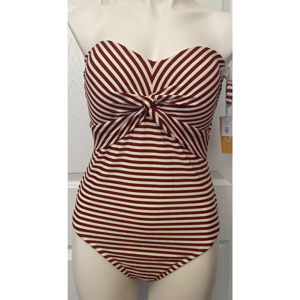 Kona Sol Twist Bandeau One Piece Swimsuit Size S (4-6) Striped Red & White
